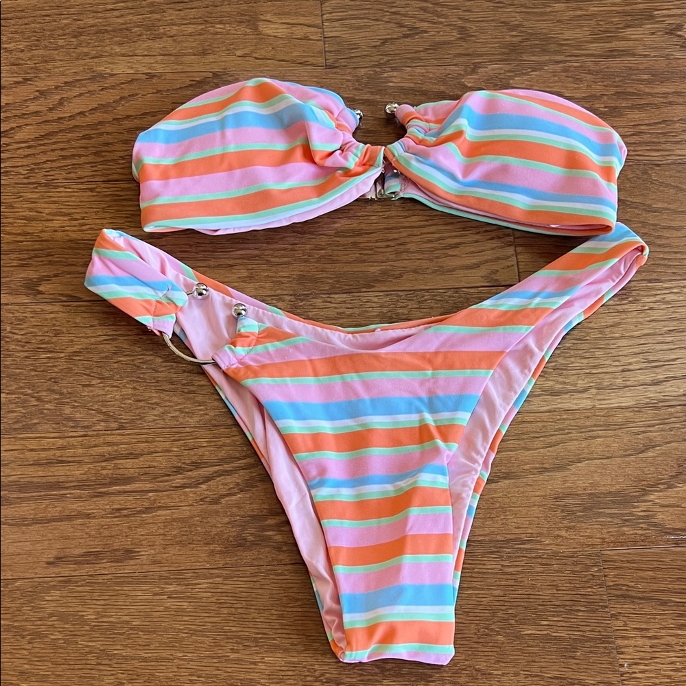 Striped Bandeau Bikini Set - Pink, Orange & Blue